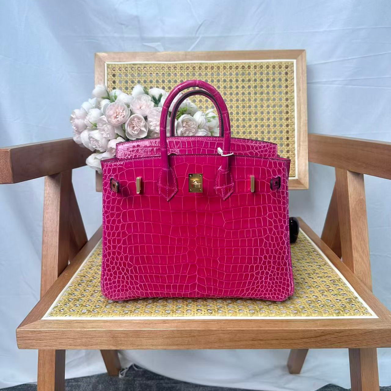 HM Birkin 25cm Rose Scheherazade Crocodile Leather GHW