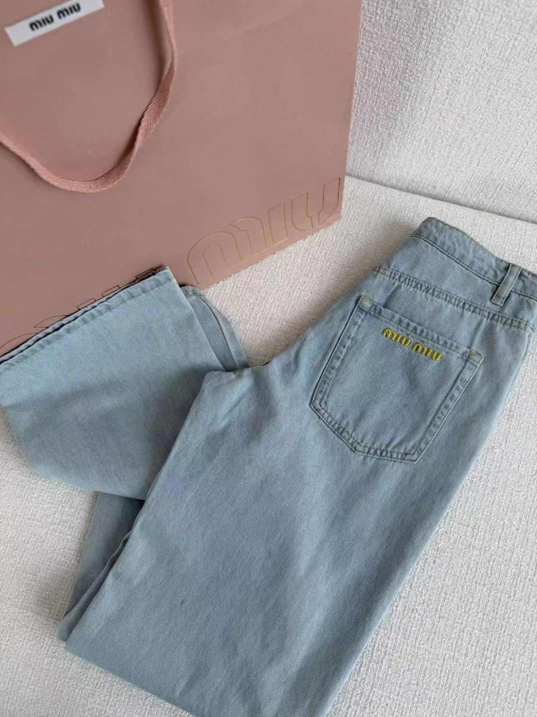 Miu Chambray Trousers Light Blue Faded Effect Cotton