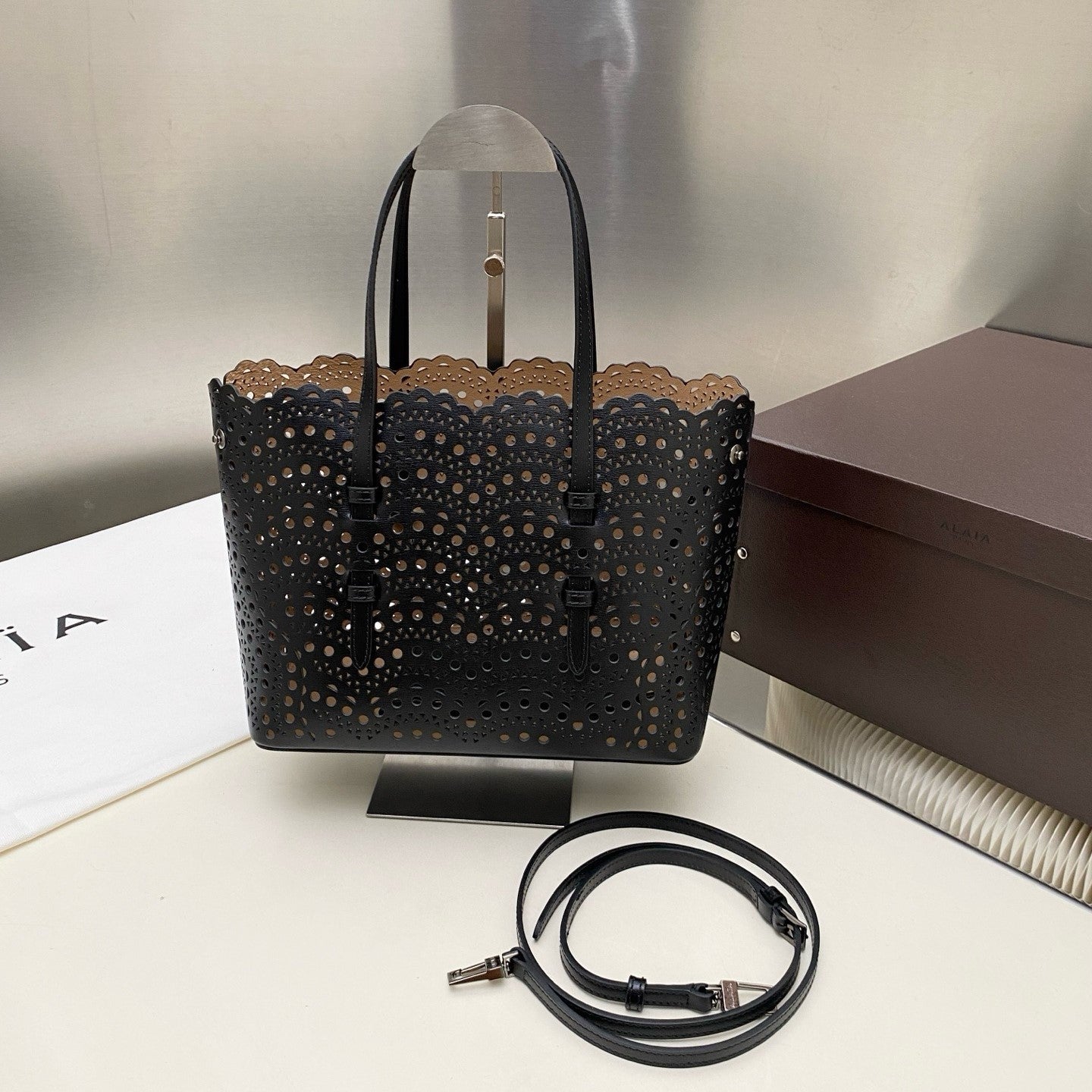 Alaia Mina Bag 25cm Black Vienne Wave Calfskin