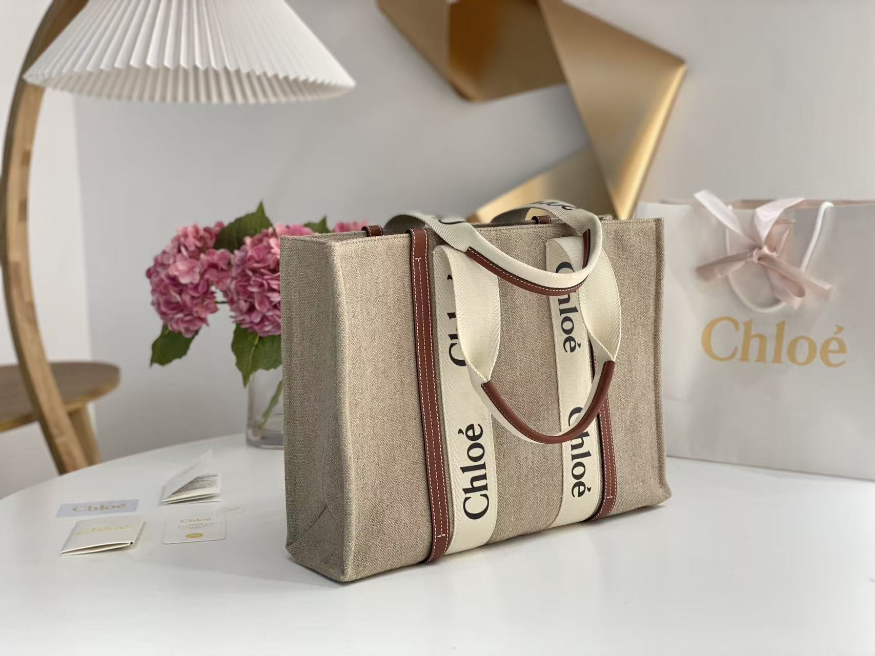 Chloé Woody Small Tote Bag 26cm Khaki Canvas