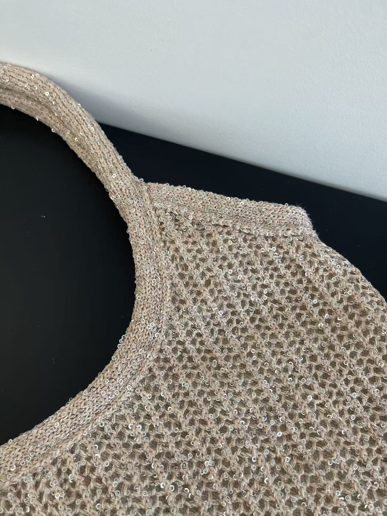 Miumiu Ivy Tote Bag 40 Beige Sequin Mesh