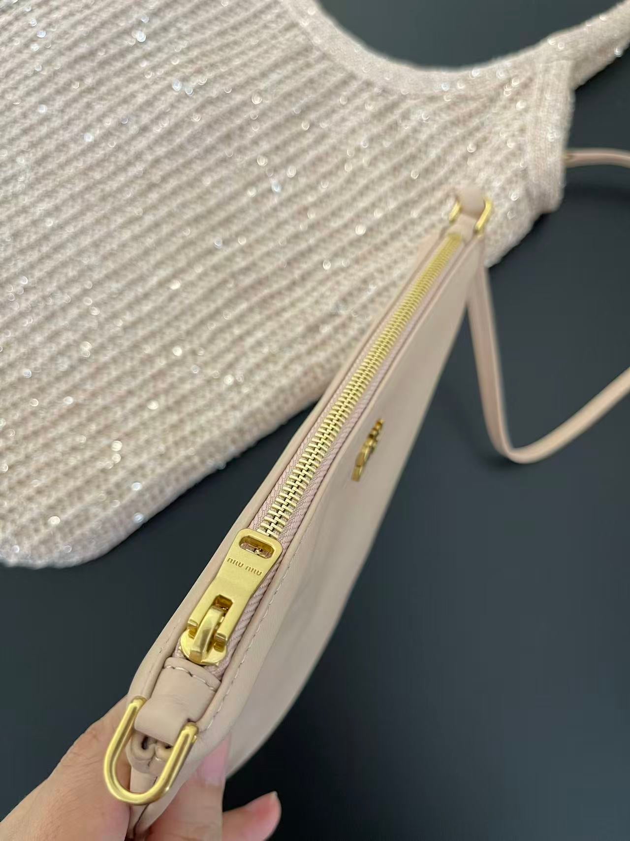 Miumiu Ivy Tote Bag 40 Beige Sequin Mesh