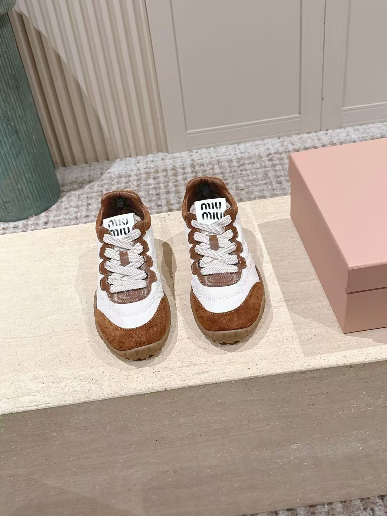 Miu Miu Tyre Sneakers White Brown Technical Fabric Suede