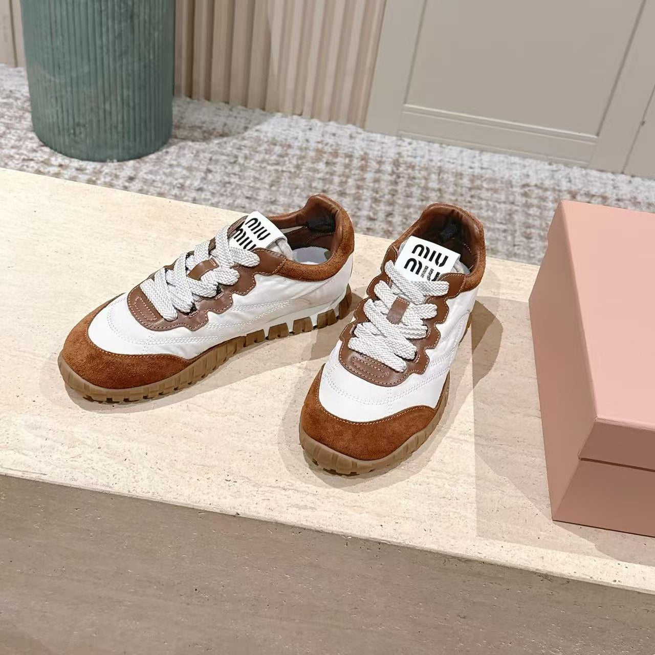 Miu Miu Tyre Sneakers White Brown Technical Fabric Suede