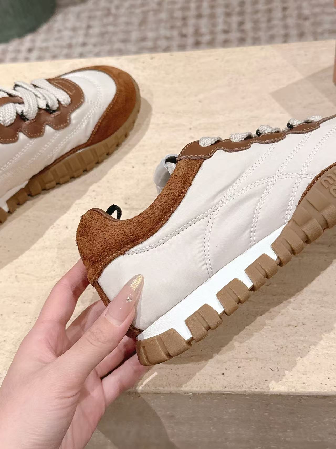 Miu Miu Tyre Sneakers White Brown Technical Fabric Suede