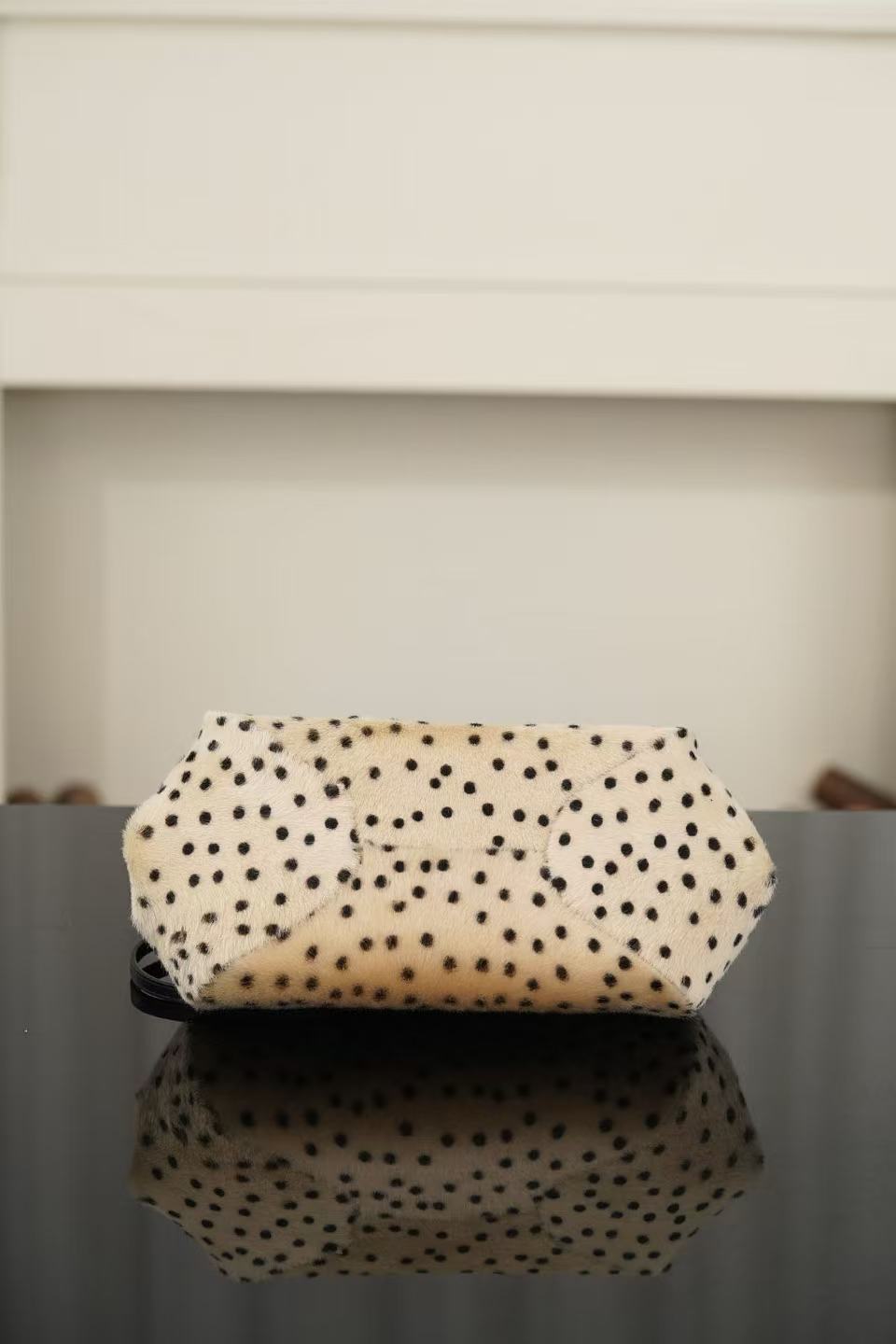 CC 26A Handbag 29.5CM Dalmatian Print Ivory Black Shearling Leather
