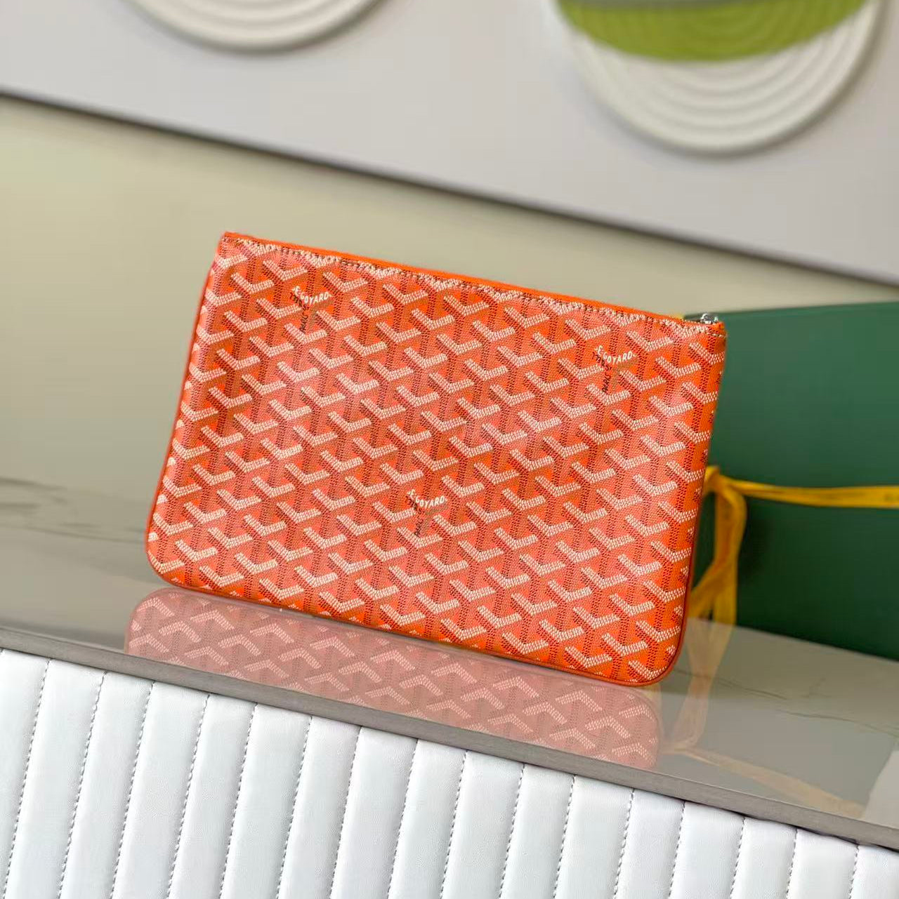 BV 26s Senat MM Clutch Orange Goyardine Pattern Canvas