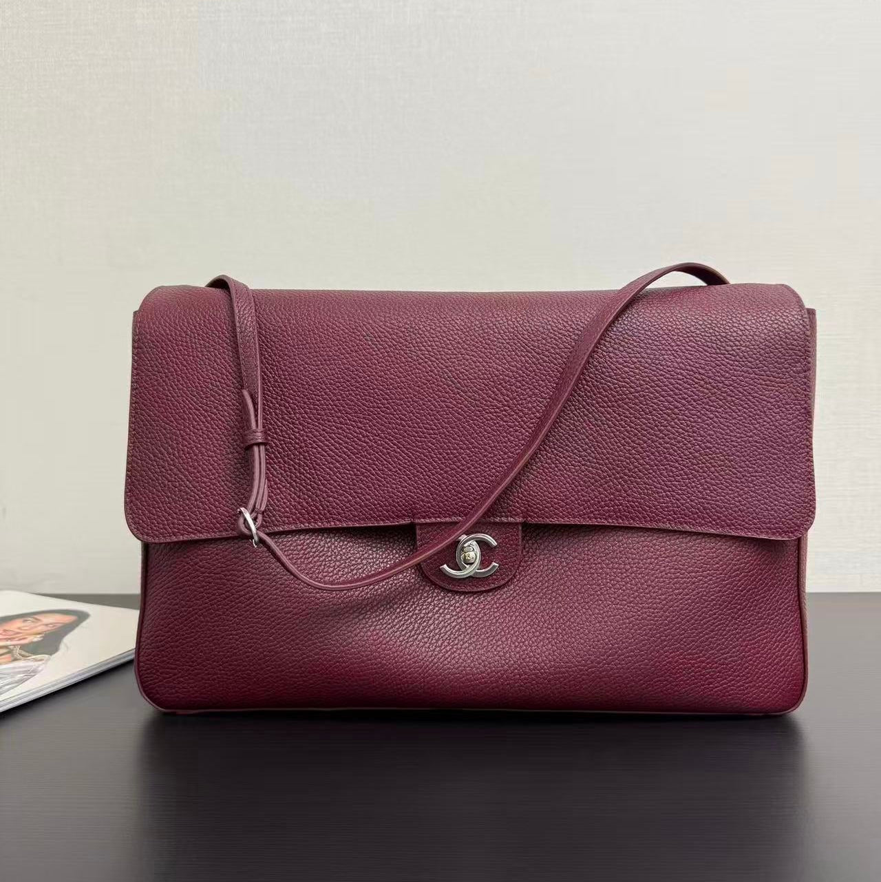 Chanel 2026 Maxi Flap Bag 38.5cm Dark Burgundy Calfskin Sliver Hardware