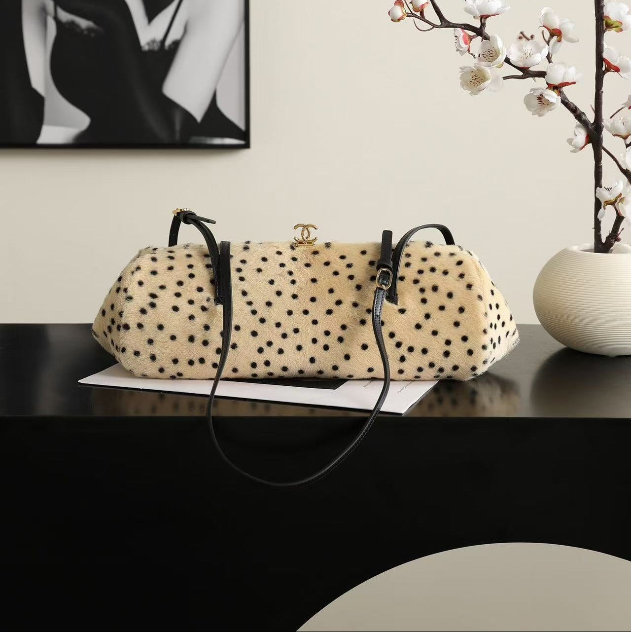 CC 26A Handbag 36CM Dalmatian Print Ivory Black Shearling Leather