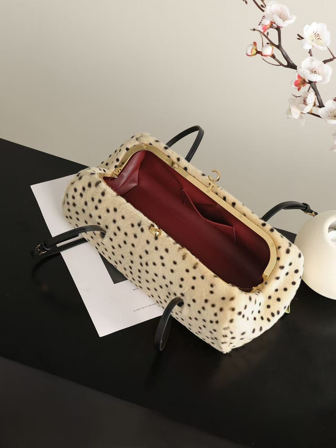 CC 26A Handbag 36CM Dalmatian Print Ivory Black Shearling Leather