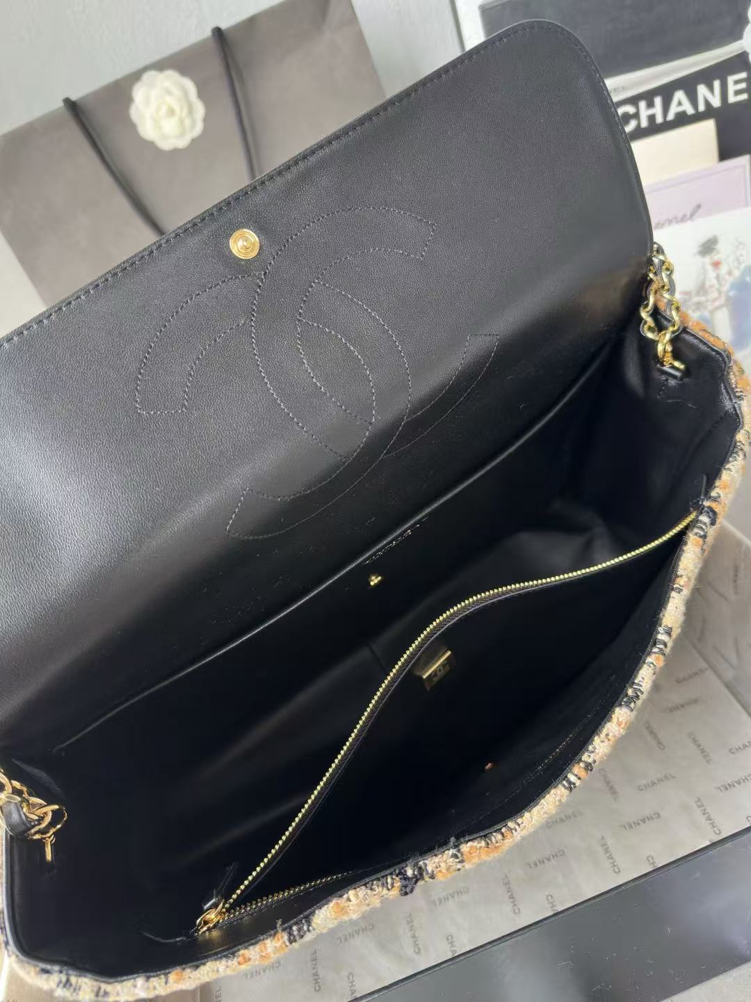 CC Maxi Flap Bag 38cm Brown Black Leopard Linen