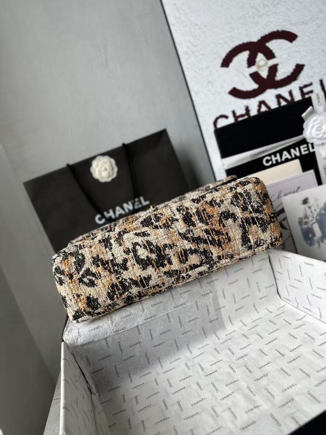 CC Maxi Flap Bag 38cm Brown Black Leopard Linen