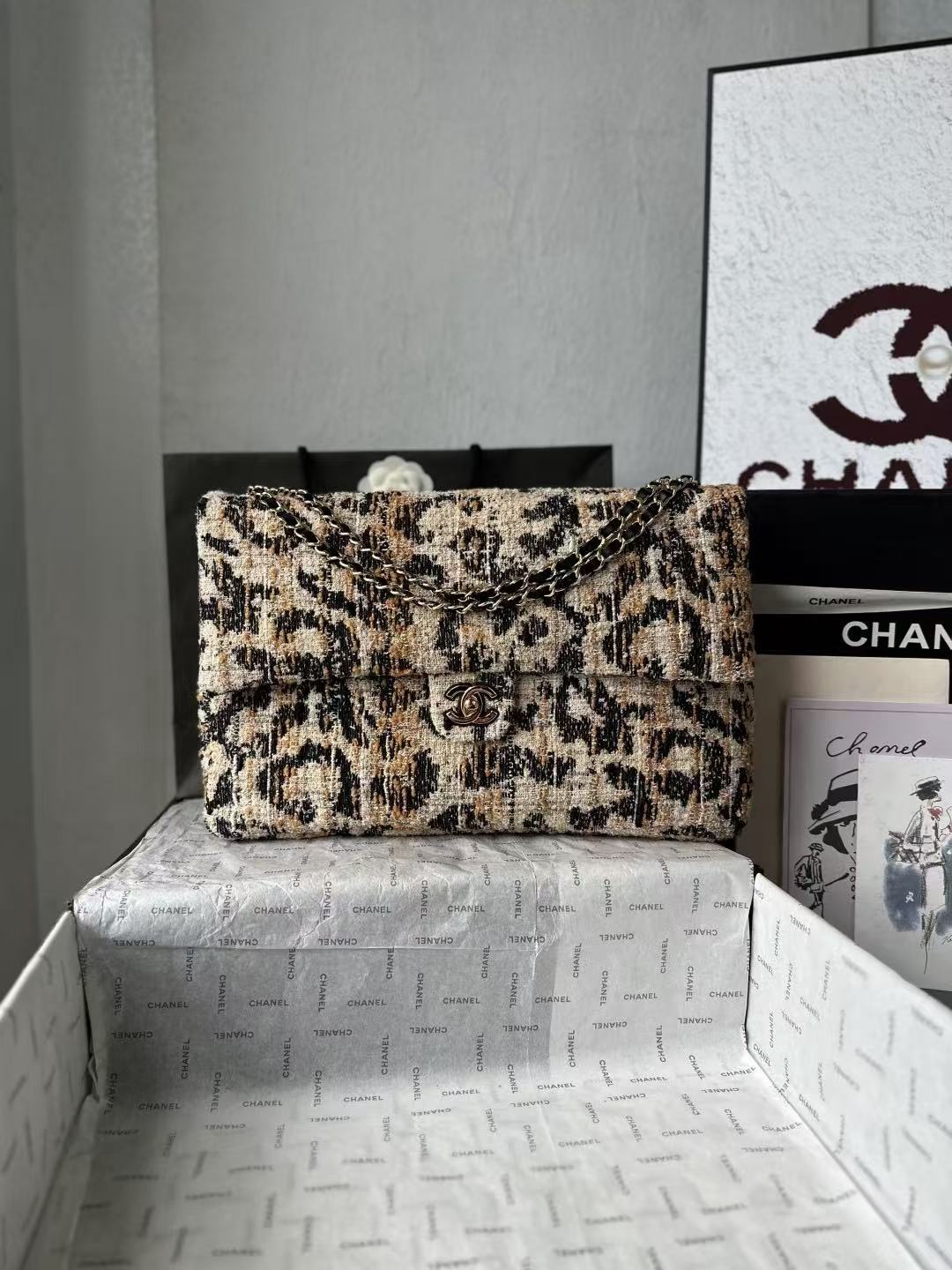 CC Maxi Flap Bag 38cm Brown Black Leopard Linen