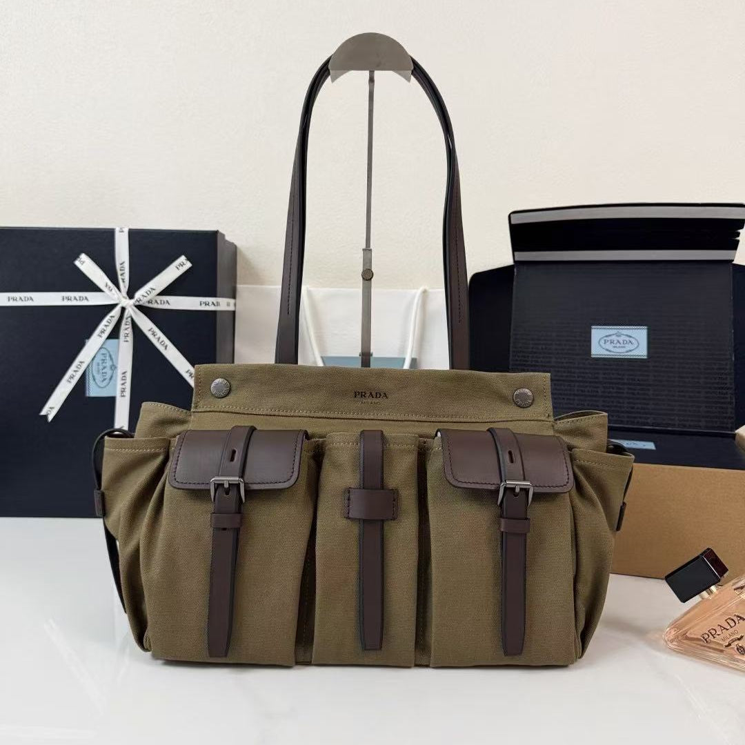 Prada Route Shopping Bag Forest Green Canvas Leather