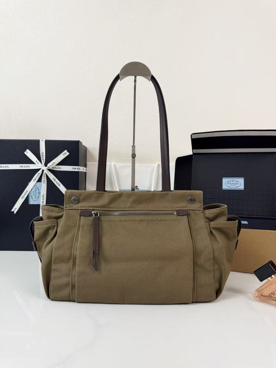 Prada Route Shopping Bag Forest Green Canvas Leather