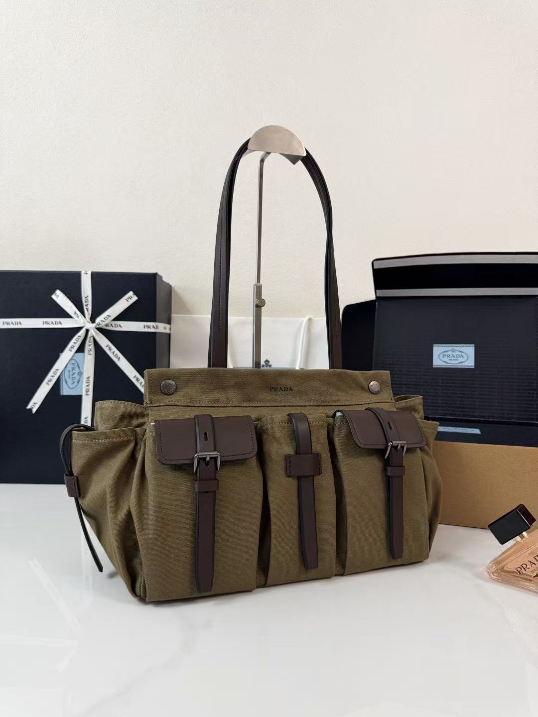 Prada Route Shopping Bag Forest Green Canvas Leather