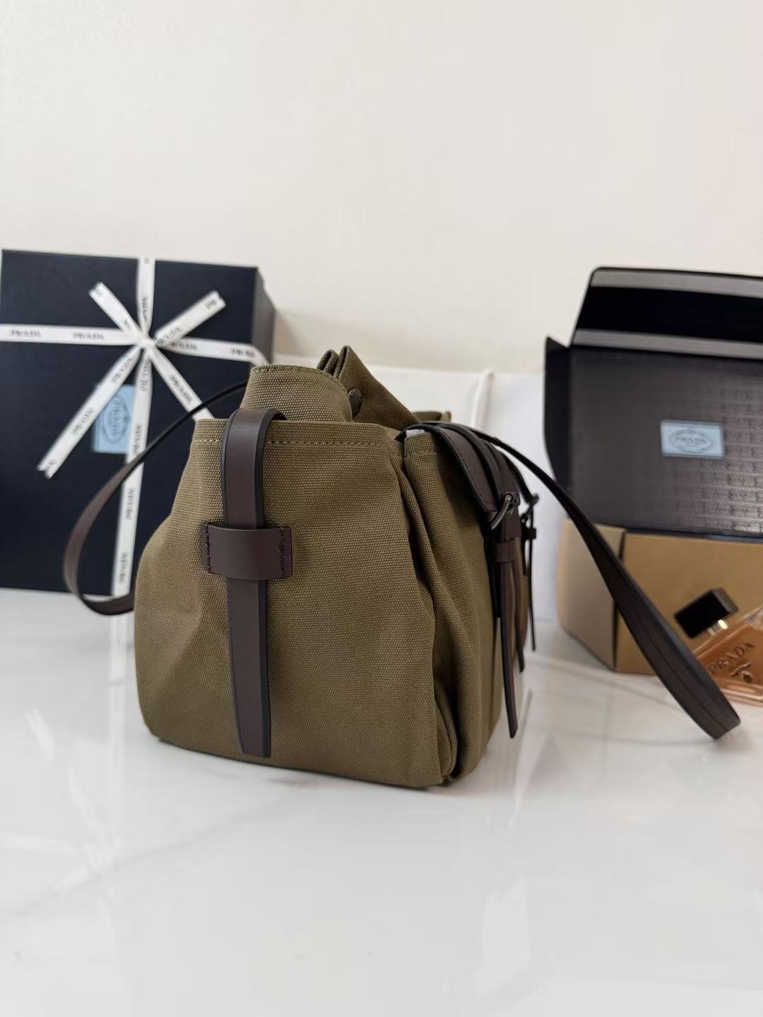 Prada Route Shopping Bag Forest Green Canvas Leather