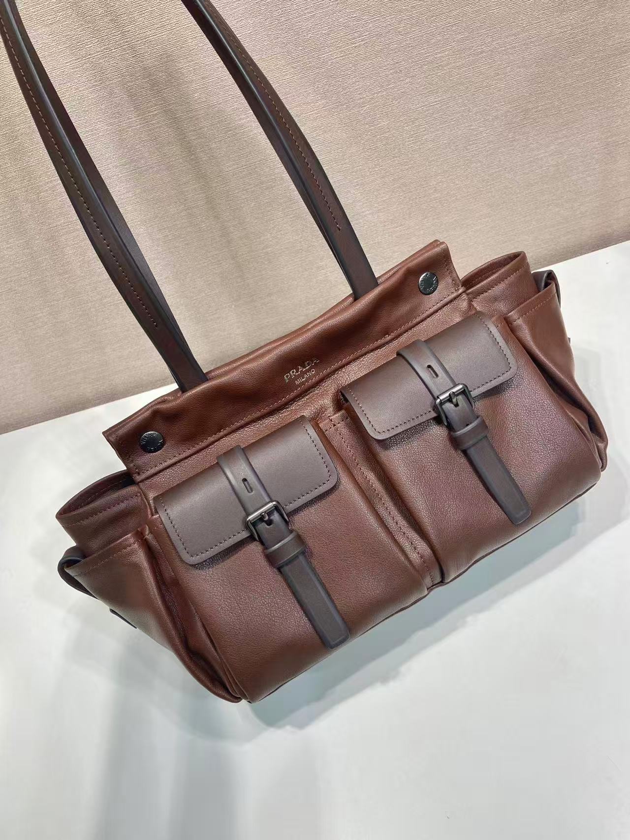 Prada Route Shopping Bag Brown Leather