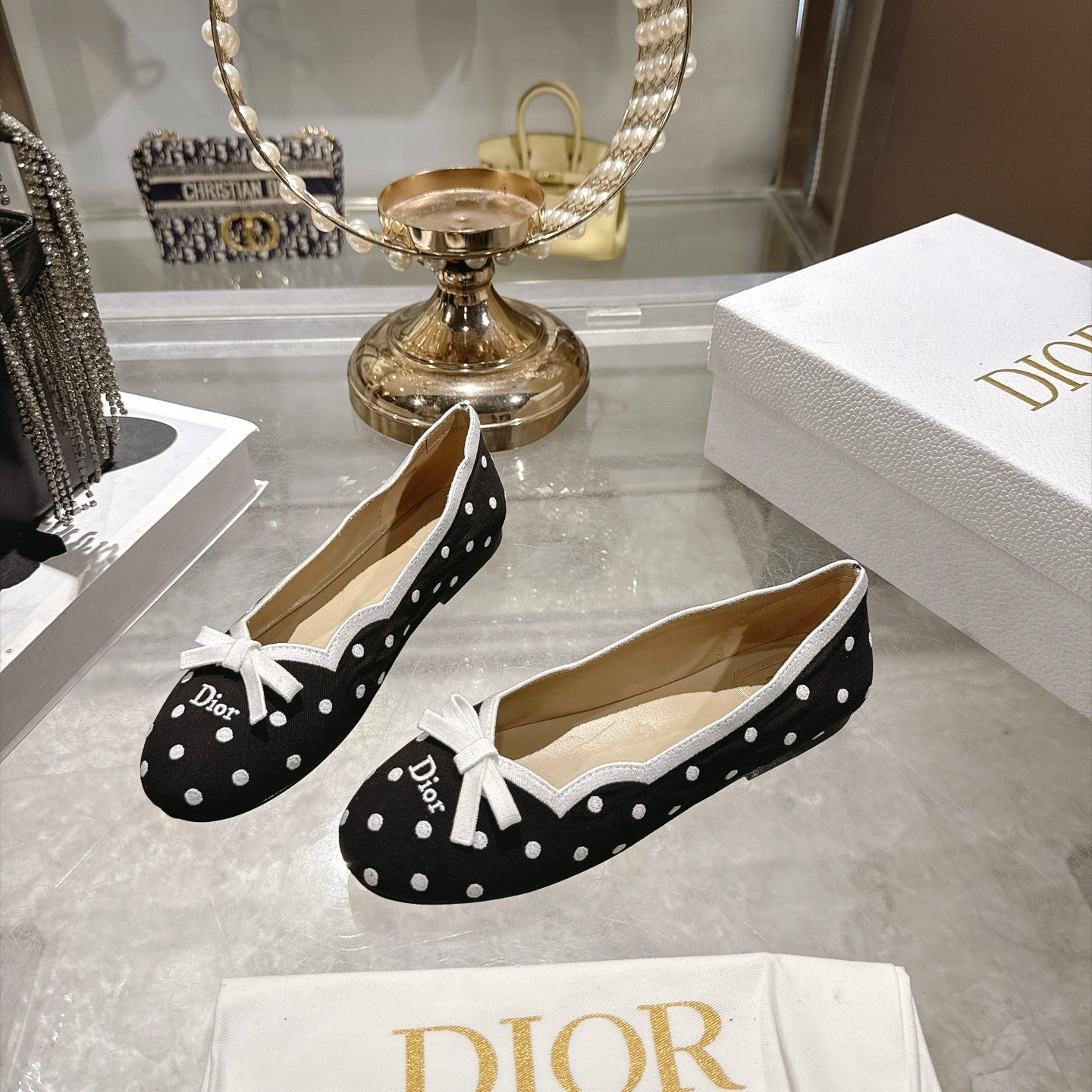 CD Romance Ballet Flat Embroidered White PolkaDior Motif Black Cotton