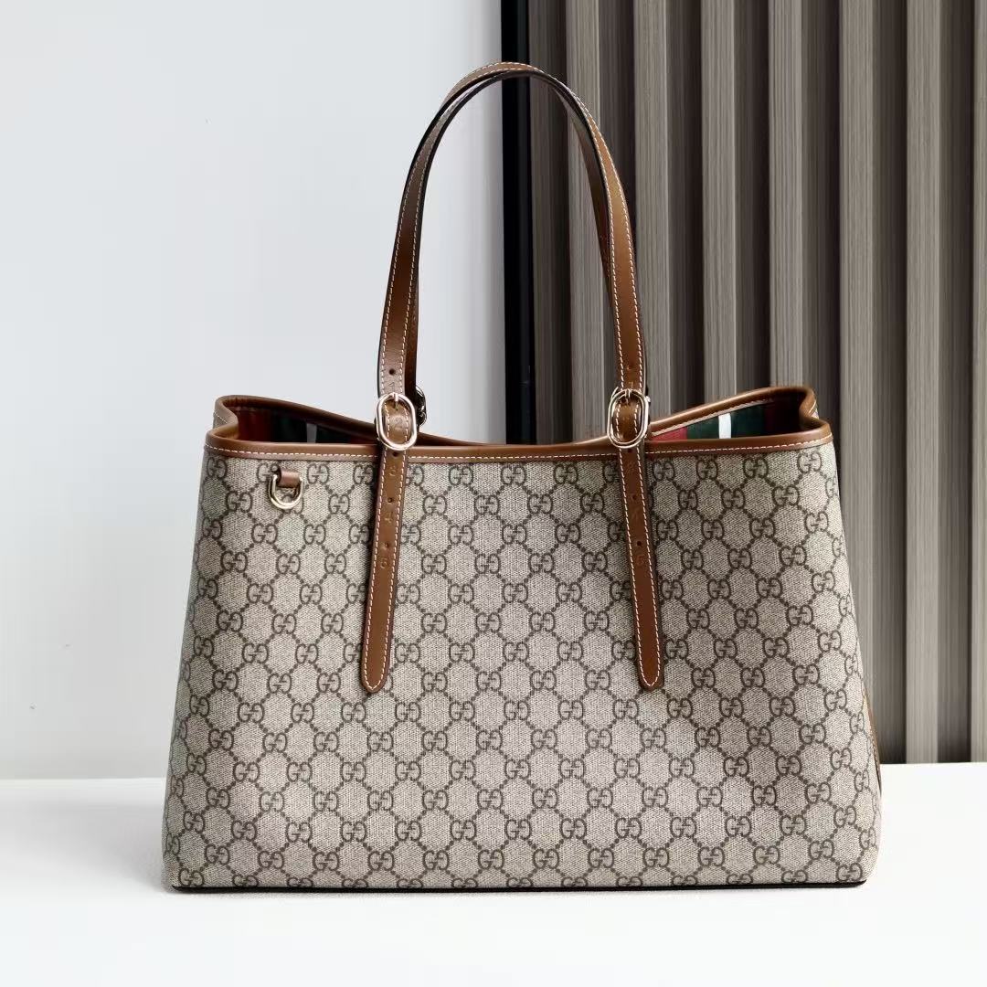 GG Emblem Maxi Tote Bag Beige Brown Monogram Coated Fabric