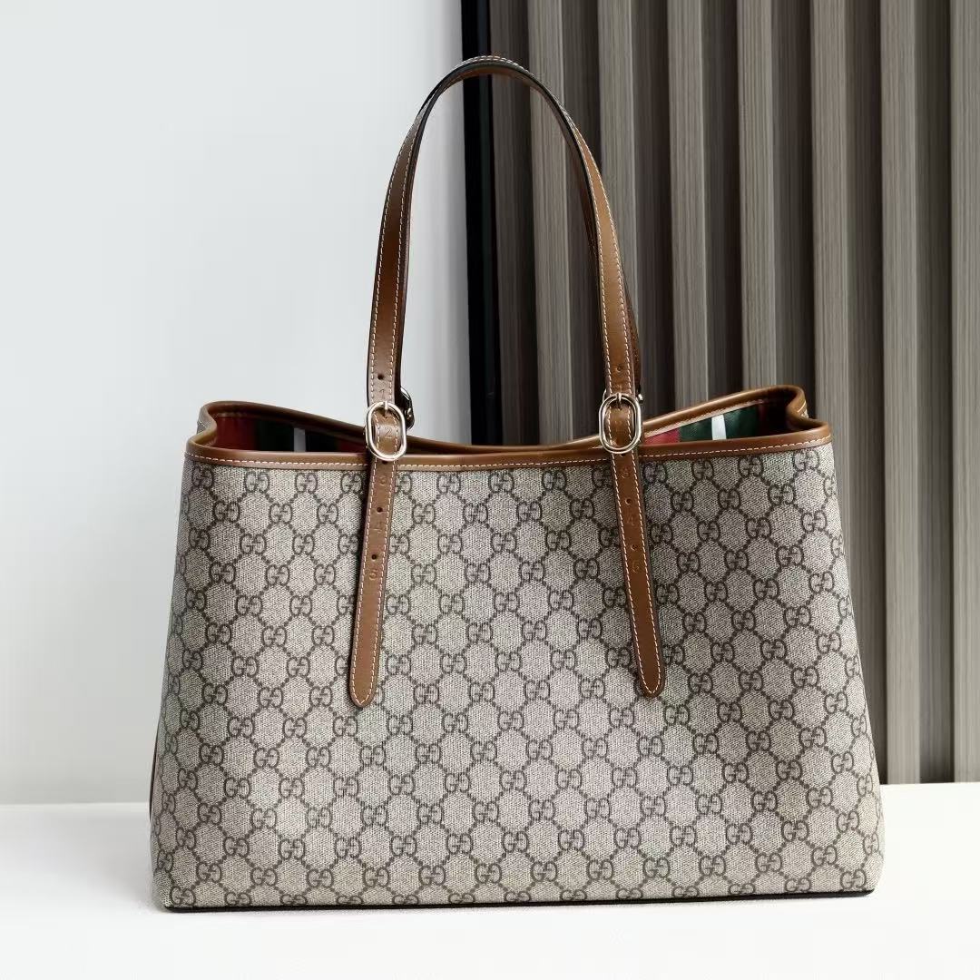 GG Emblem Maxi Tote Bag Beige Brown Monogram Coated Fabric