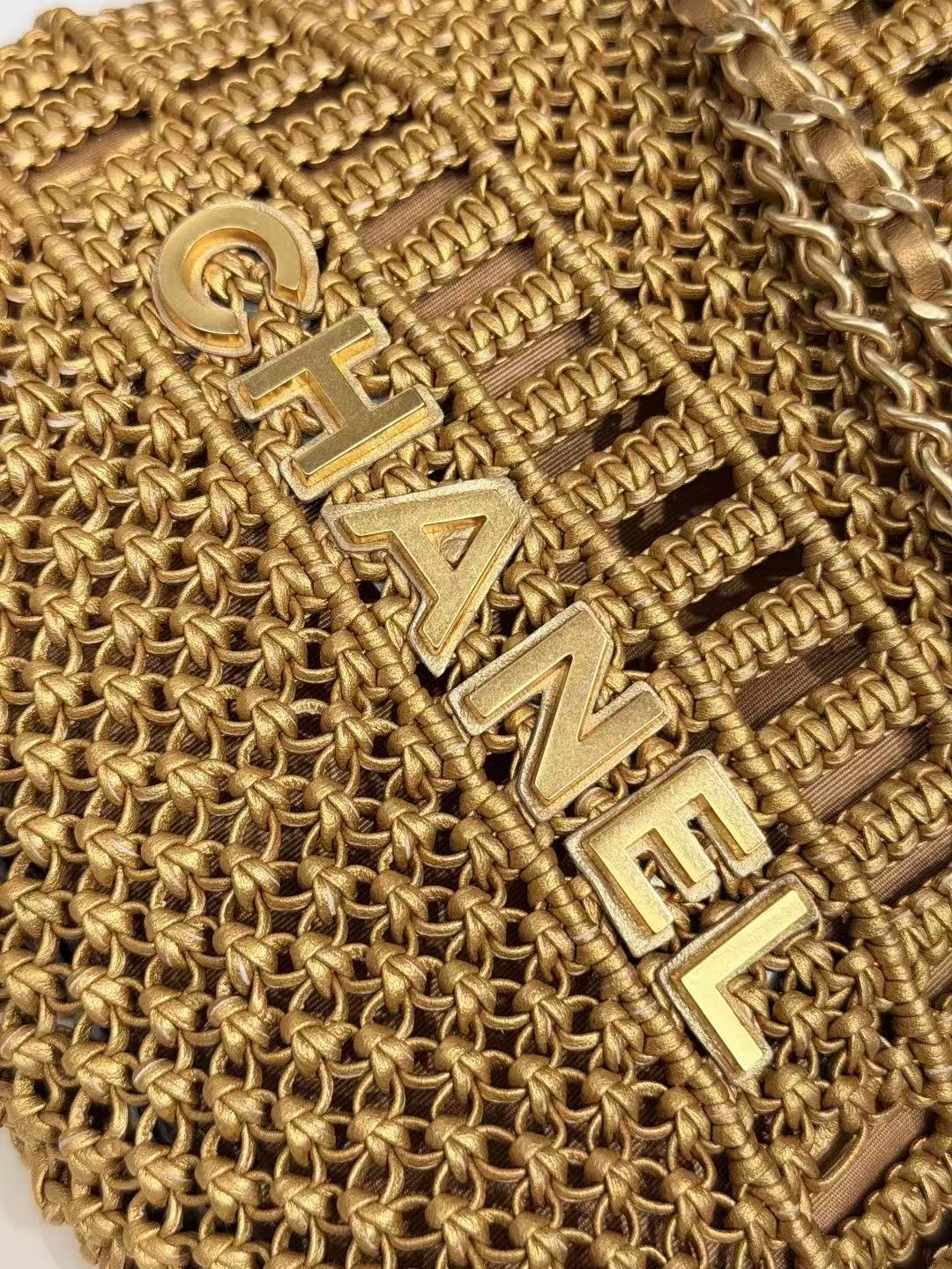 CC Metallic Macramé Mini Chanel Hobo Bag 23cm Gold Calfskin