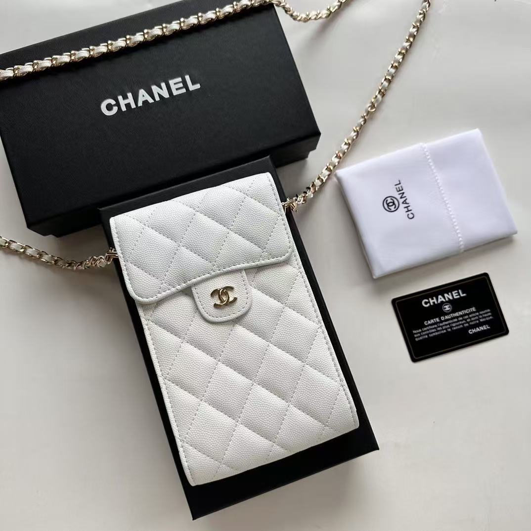 CC Bow Phone Holder With Chain White Caviar Leather