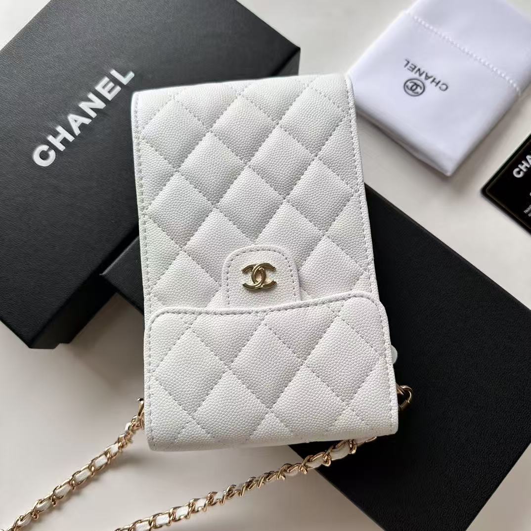 CC Bow Phone Holder With Chain White Caviar Leather