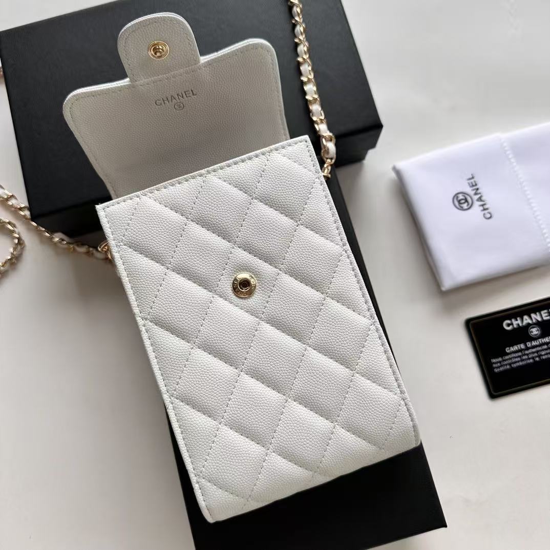 CC Bow Phone Holder With Chain White Caviar Leather