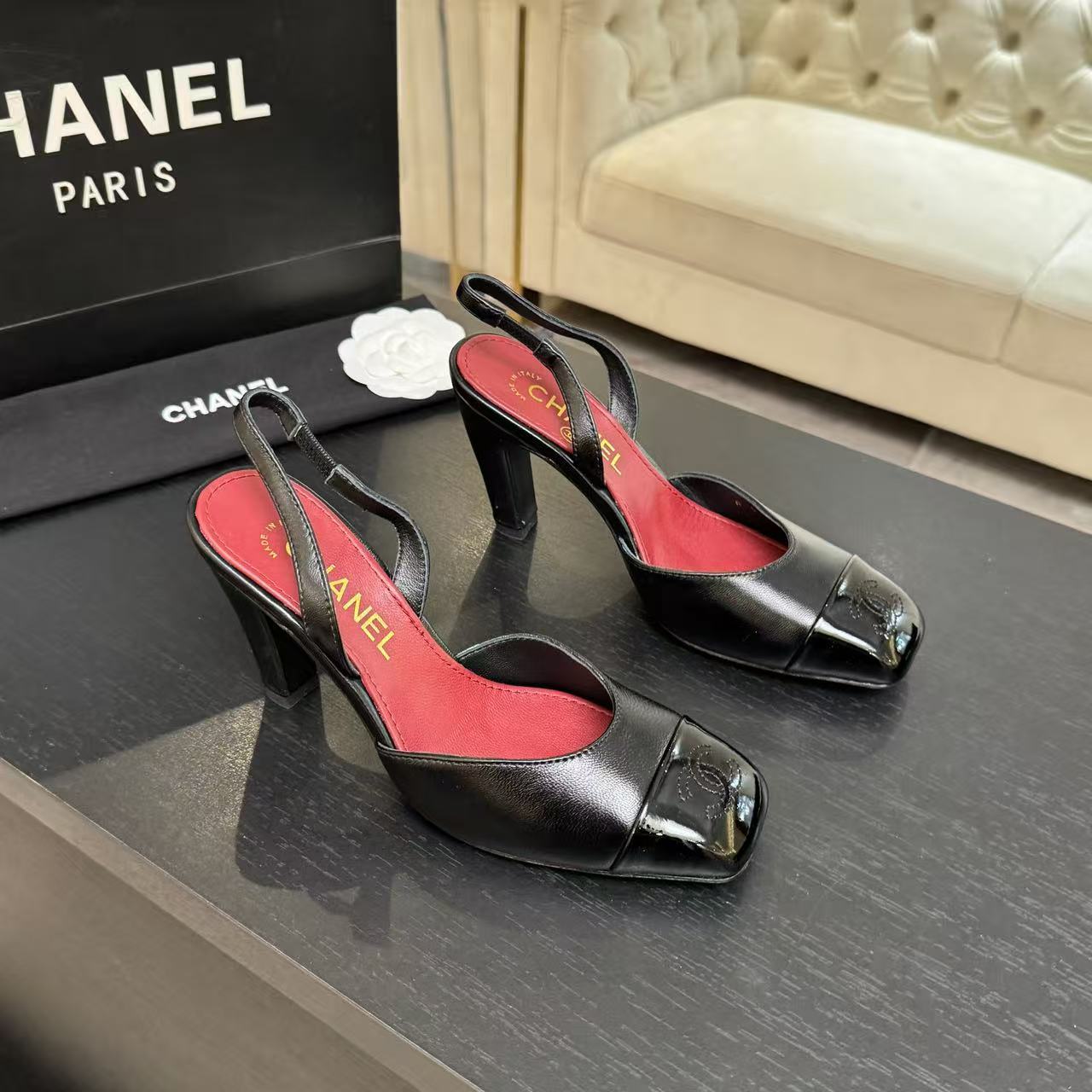 CC 26s Square Cap Toe Slingback 9cm Black Lambskin Patent Leather