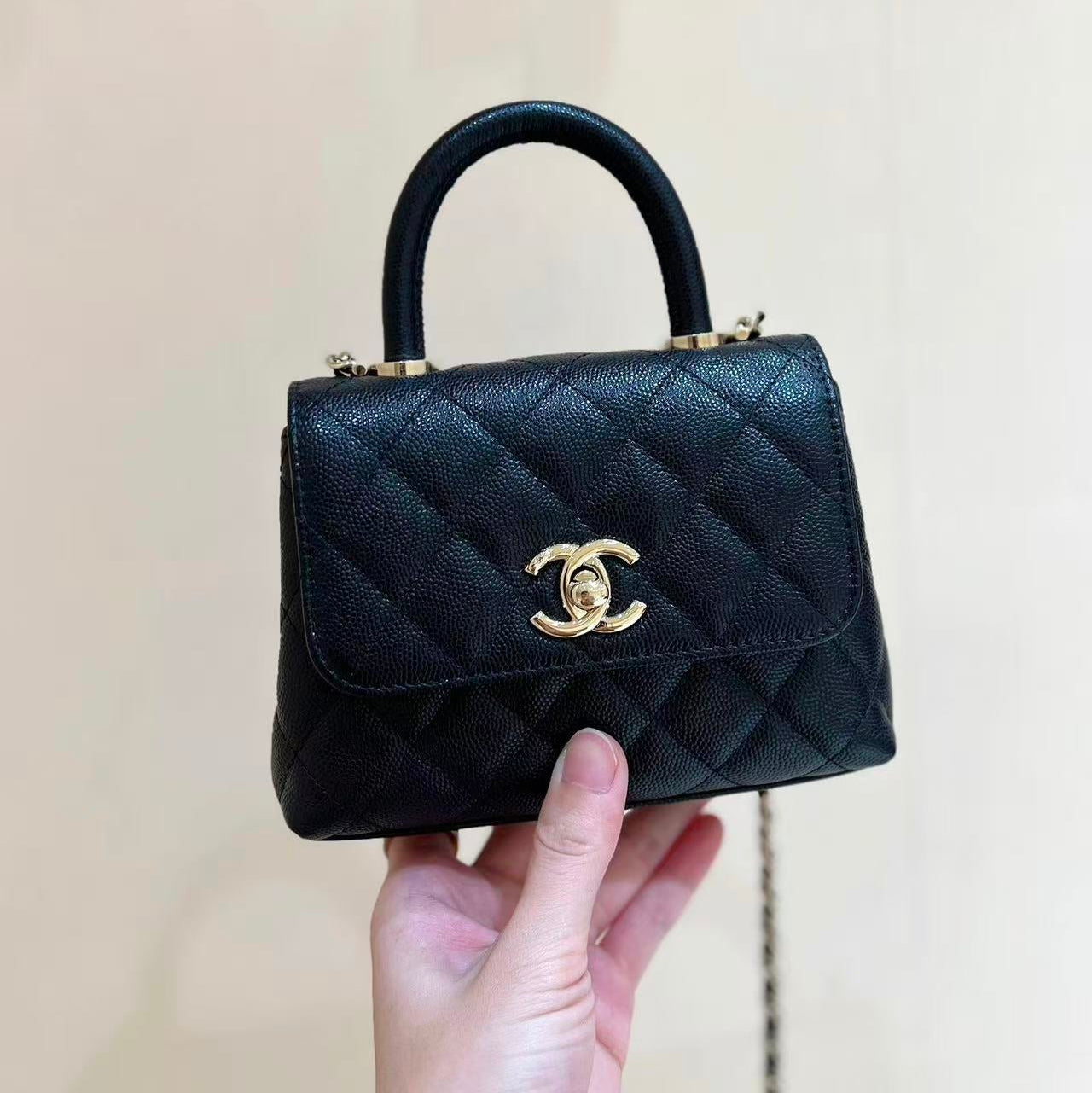 CC Coco Top Handle Bag Black Quited Caviar Leather (11.5x14.5x5.5cm)