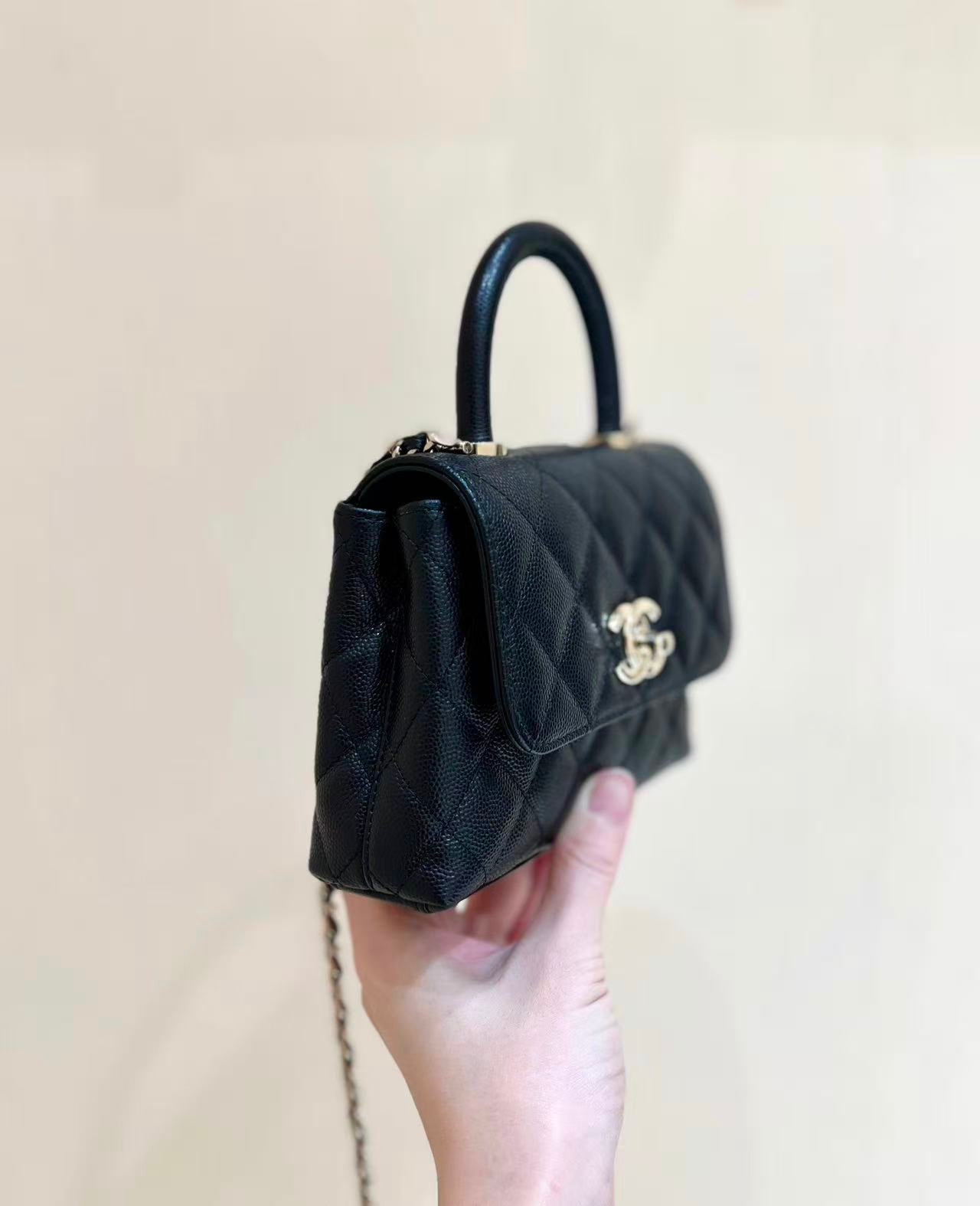 CC Coco Top Handle Bag Black Quited Caviar Leather (11.5x14.5x5.5cm)