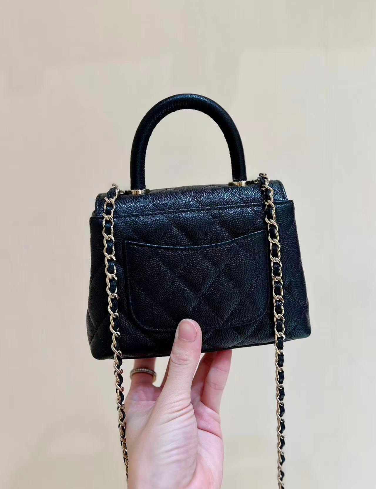 CC Coco Top Handle Bag Black Quited Caviar Leather (11.5x14.5x5.5cm)