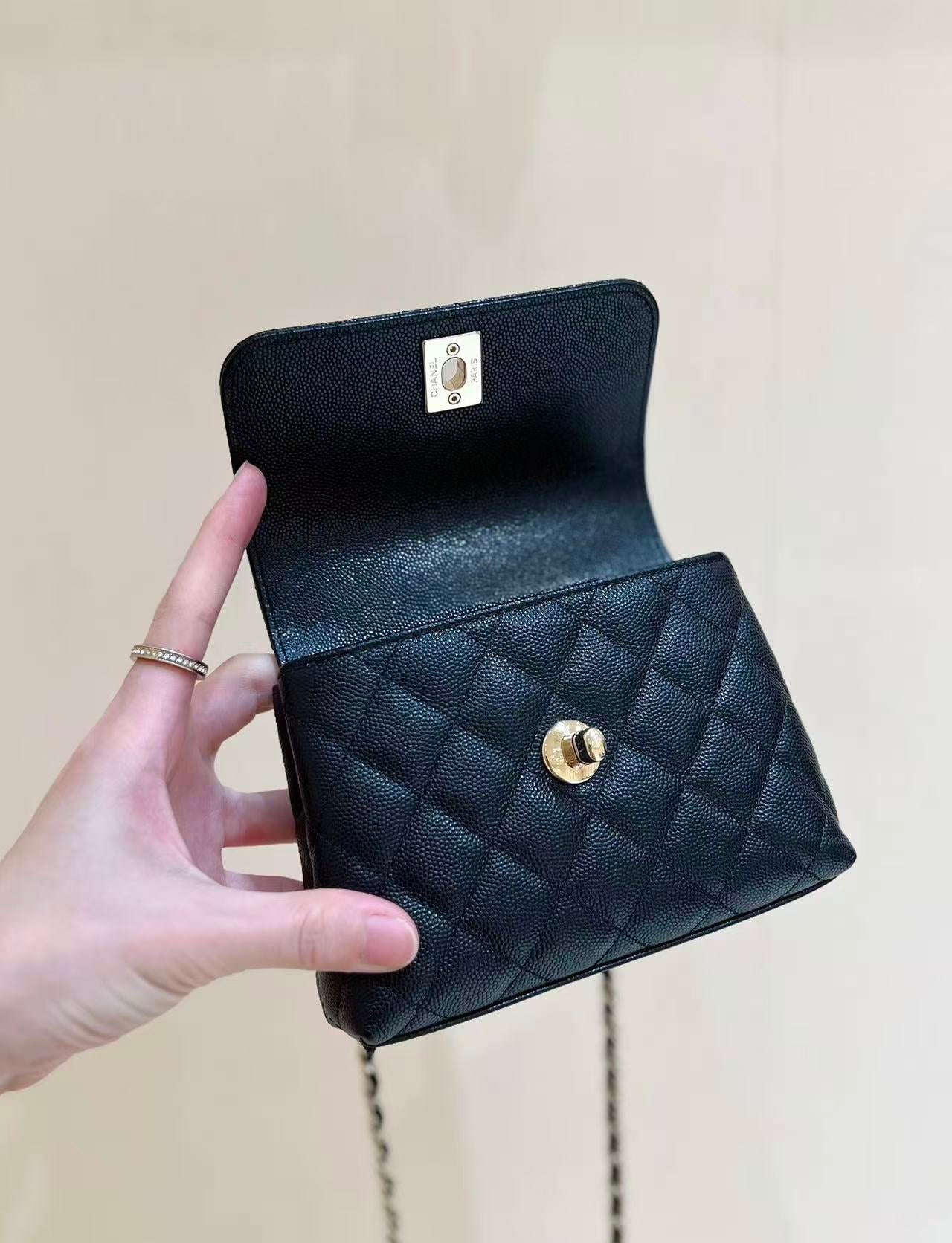 CC Coco Top Handle Bag Black Quited Caviar Leather (11.5x14.5x5.5cm)