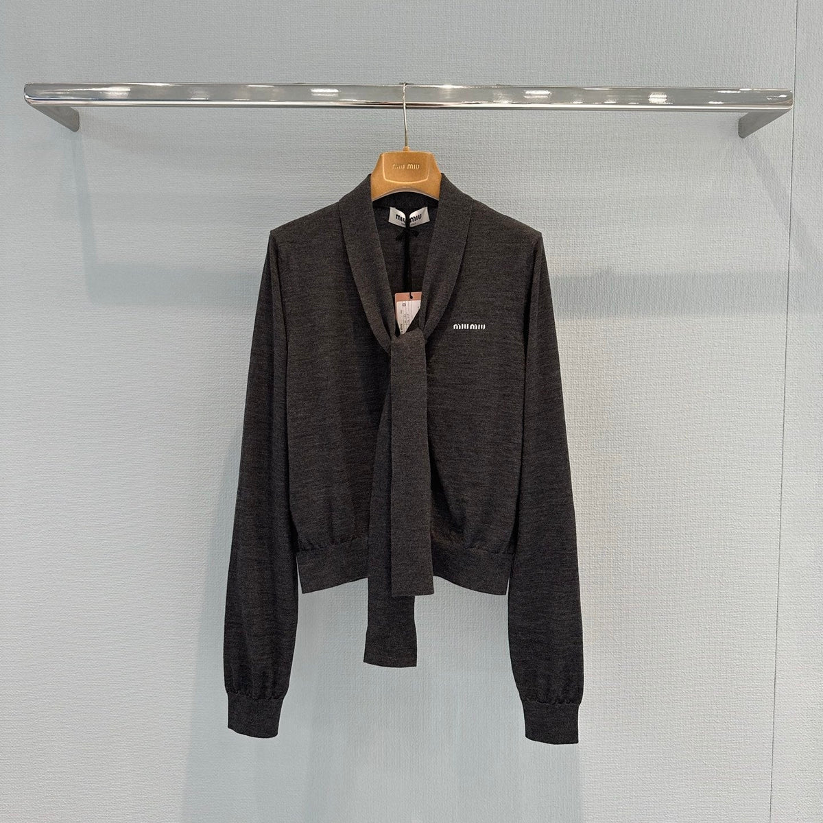 Miu Cardigan With Neck Scarf Anthracite Gray Wool