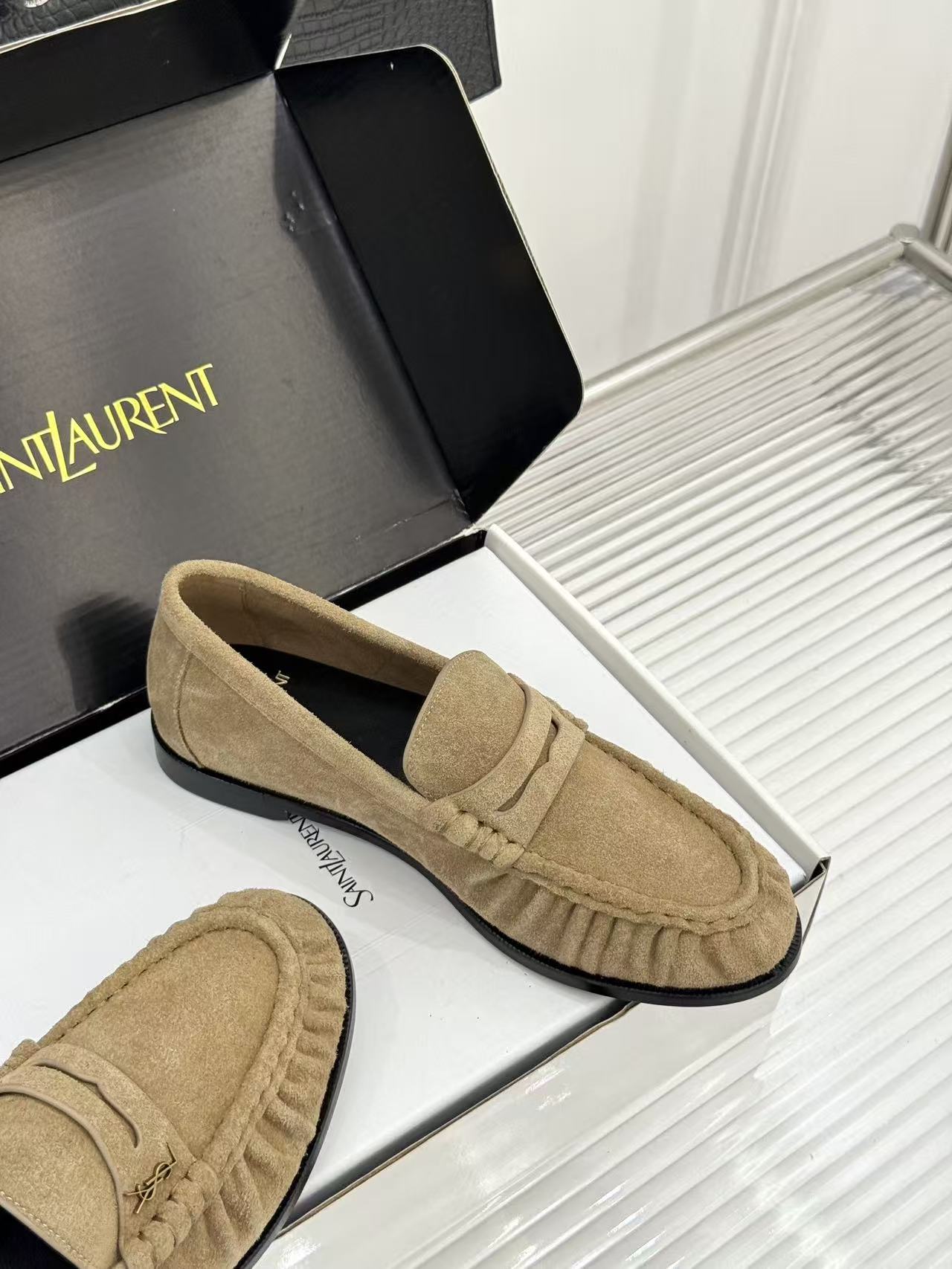 YSL-Plaque Ruched Loafers Khaki Suede