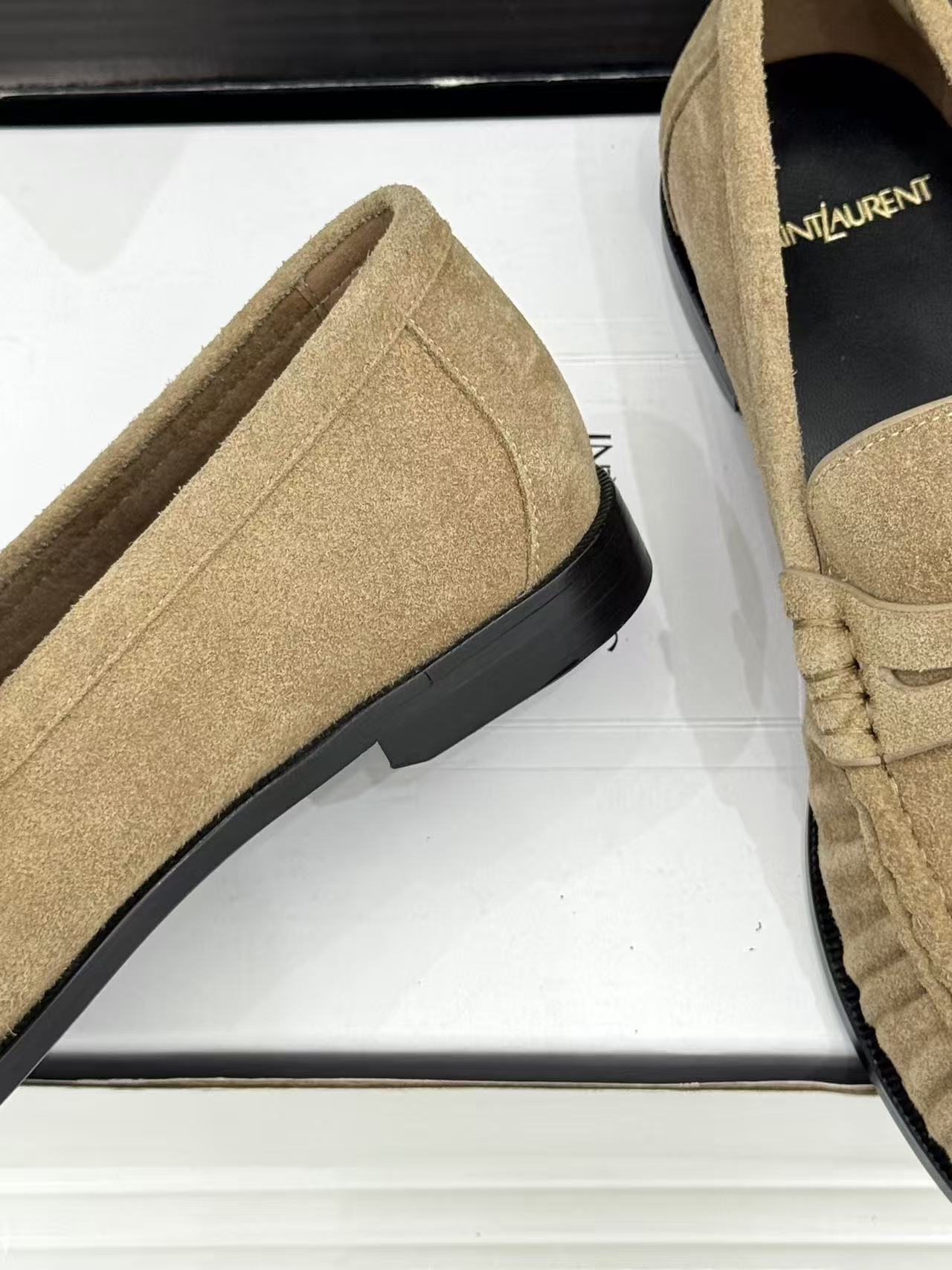 YSL-Plaque Ruched Loafers Khaki Suede