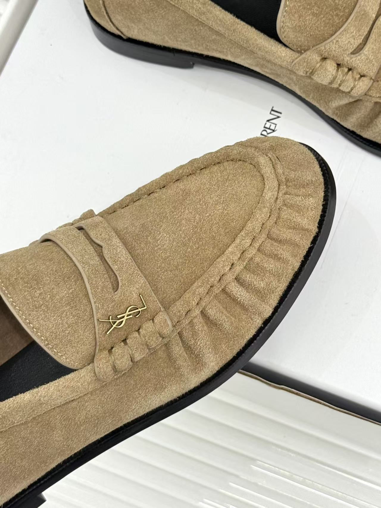 YSL-Plaque Ruched Loafers Khaki Suede