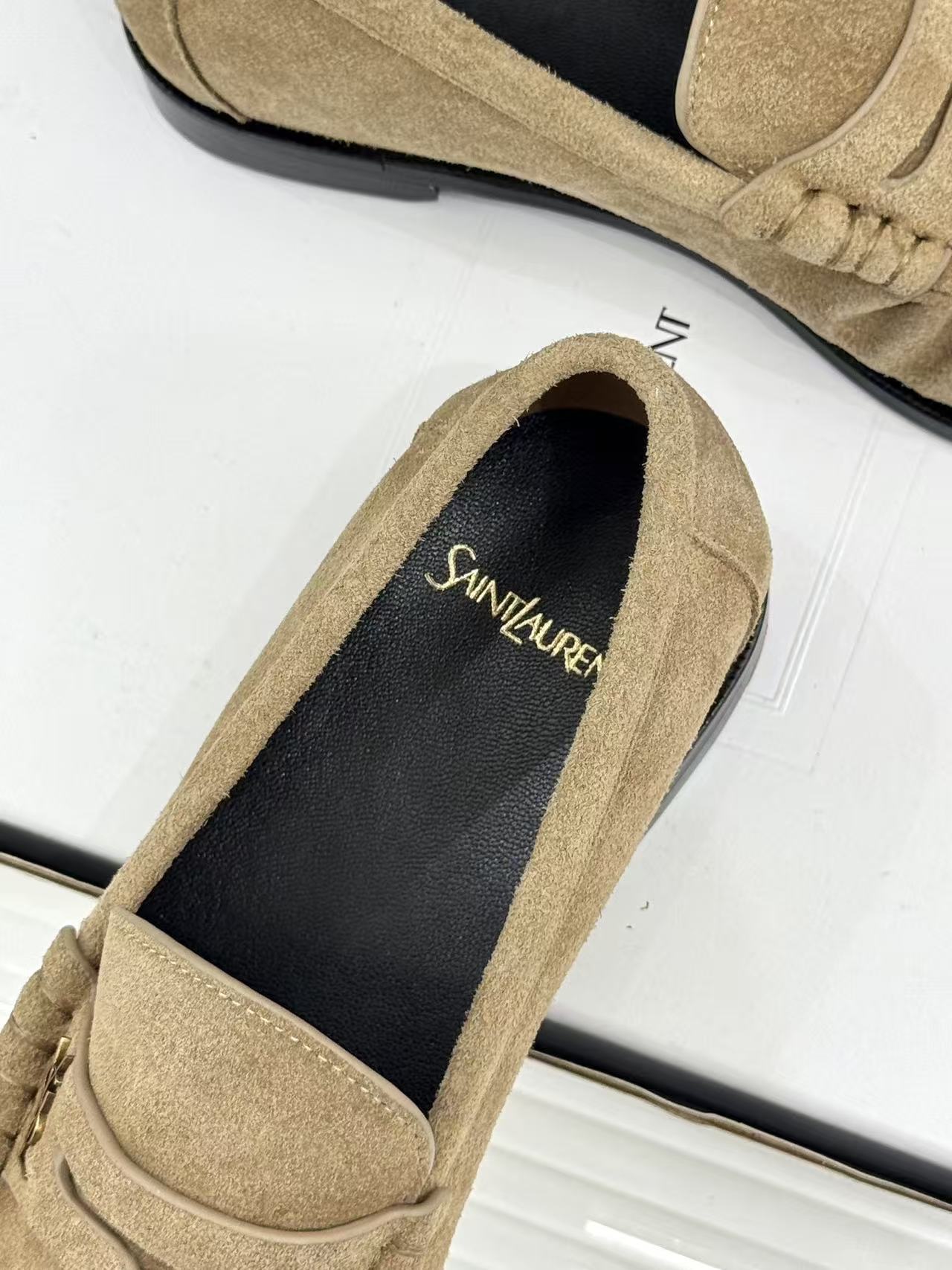 YSL-Plaque Ruched Loafers Khaki Suede