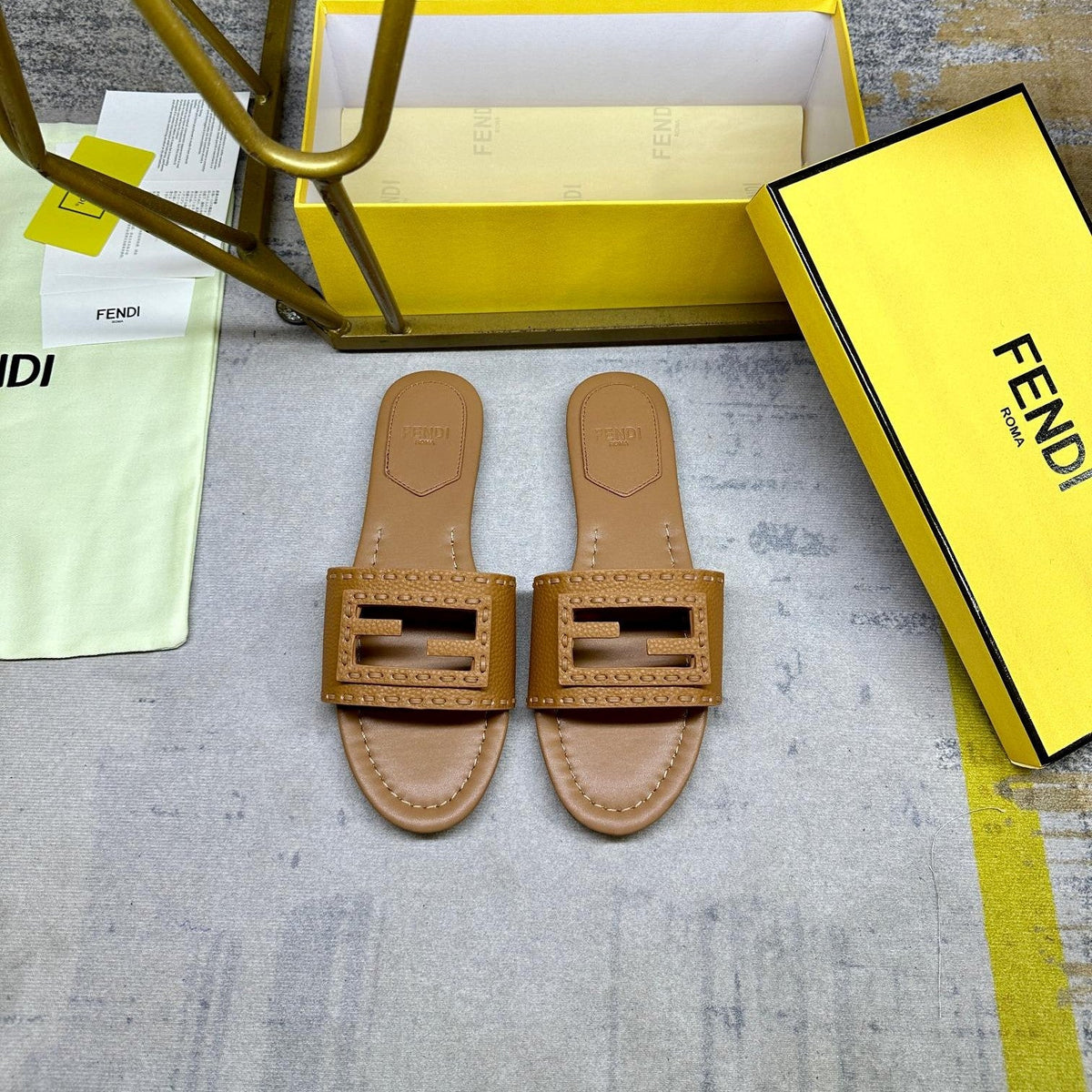 Fendi Baguette Slide Camel Leather