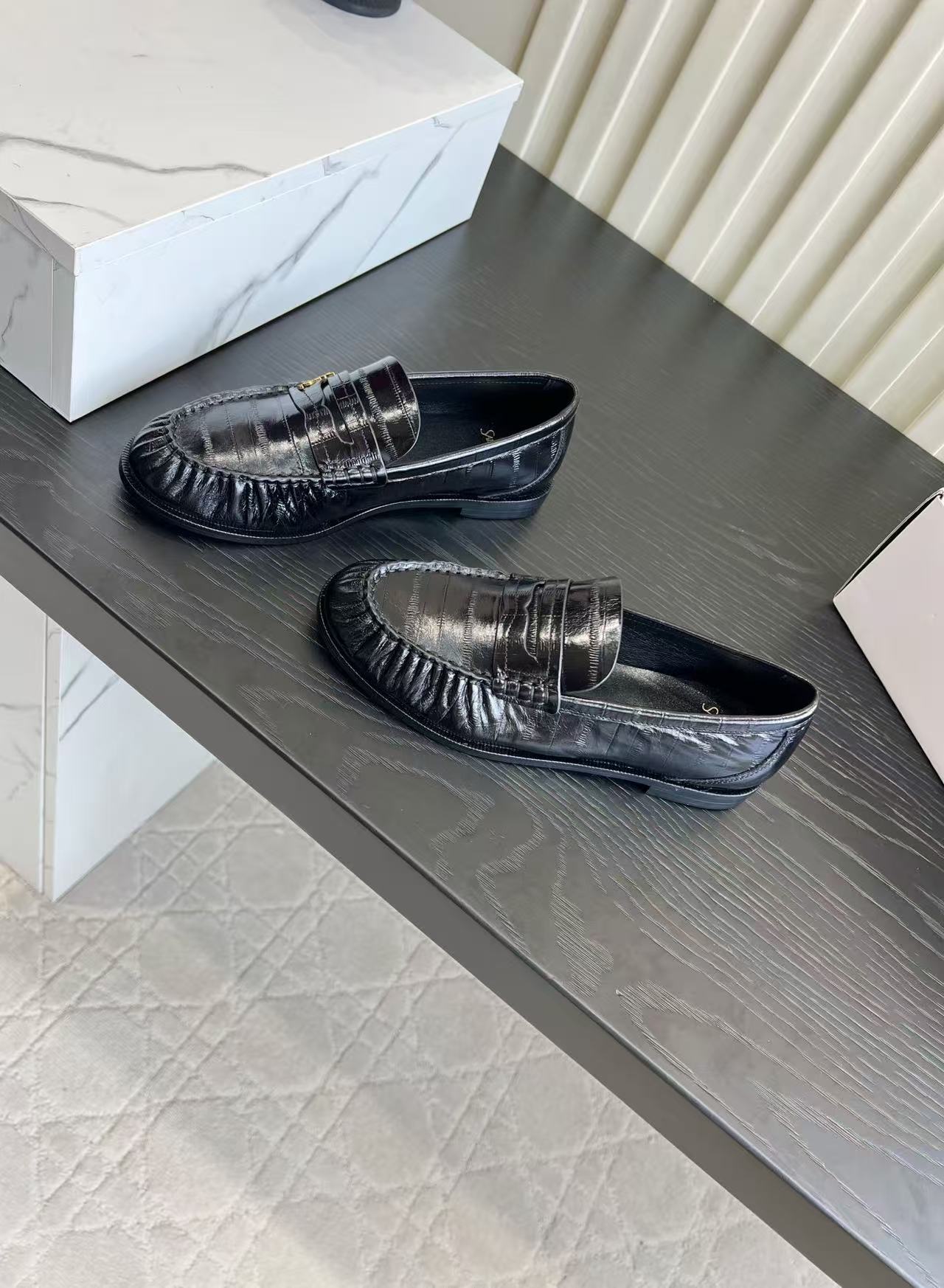 YSL-Plaque Ruched Loafers Black Croc Effect Leather