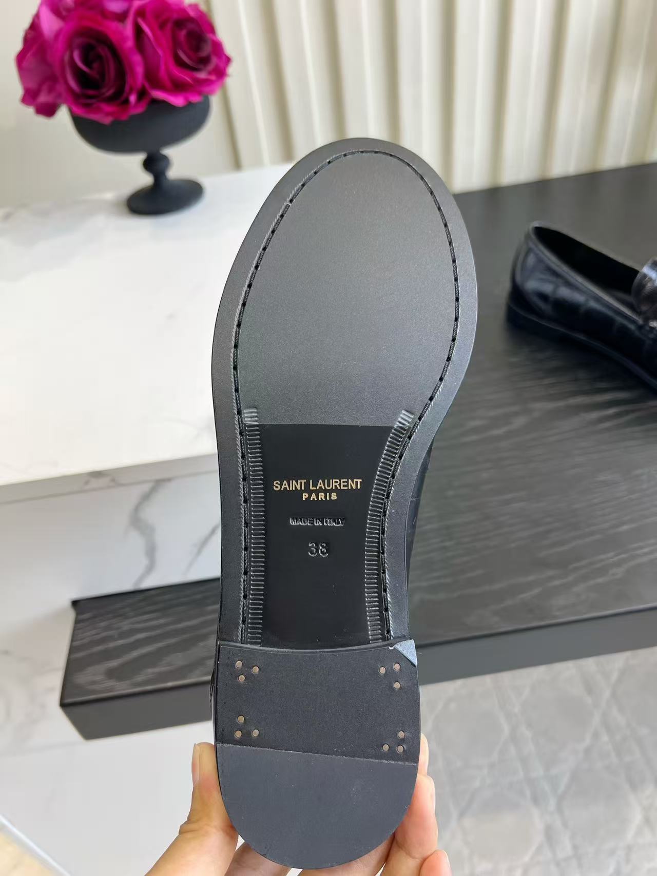 YSL-Plaque Ruched Loafers Black Croc Effect Leather