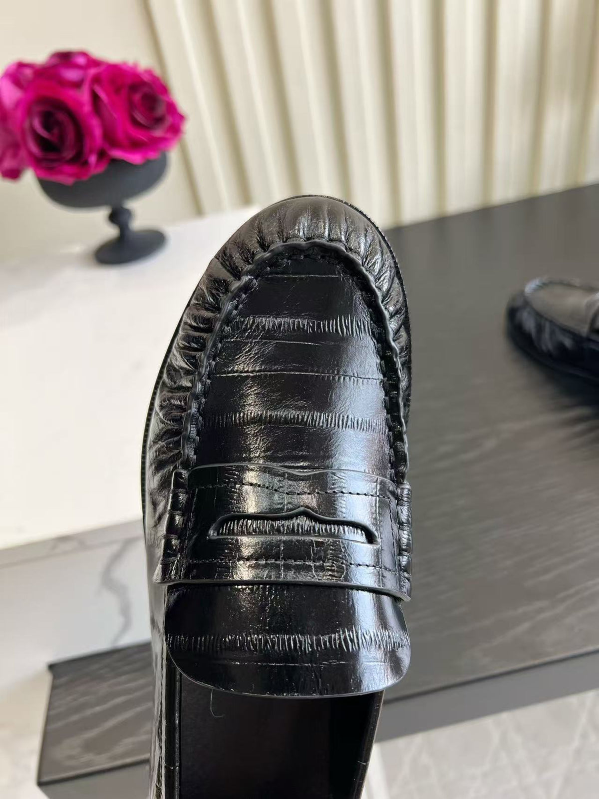 YSL-Plaque Ruched Loafers Black Croc Effect Leather