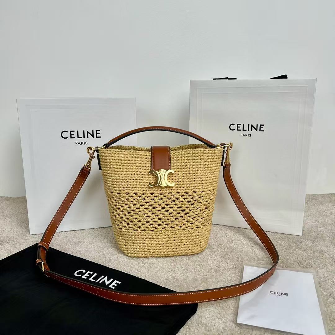Celine Small Louise Bucket Bag 19cm Natural / Tan Raffia Calfskin