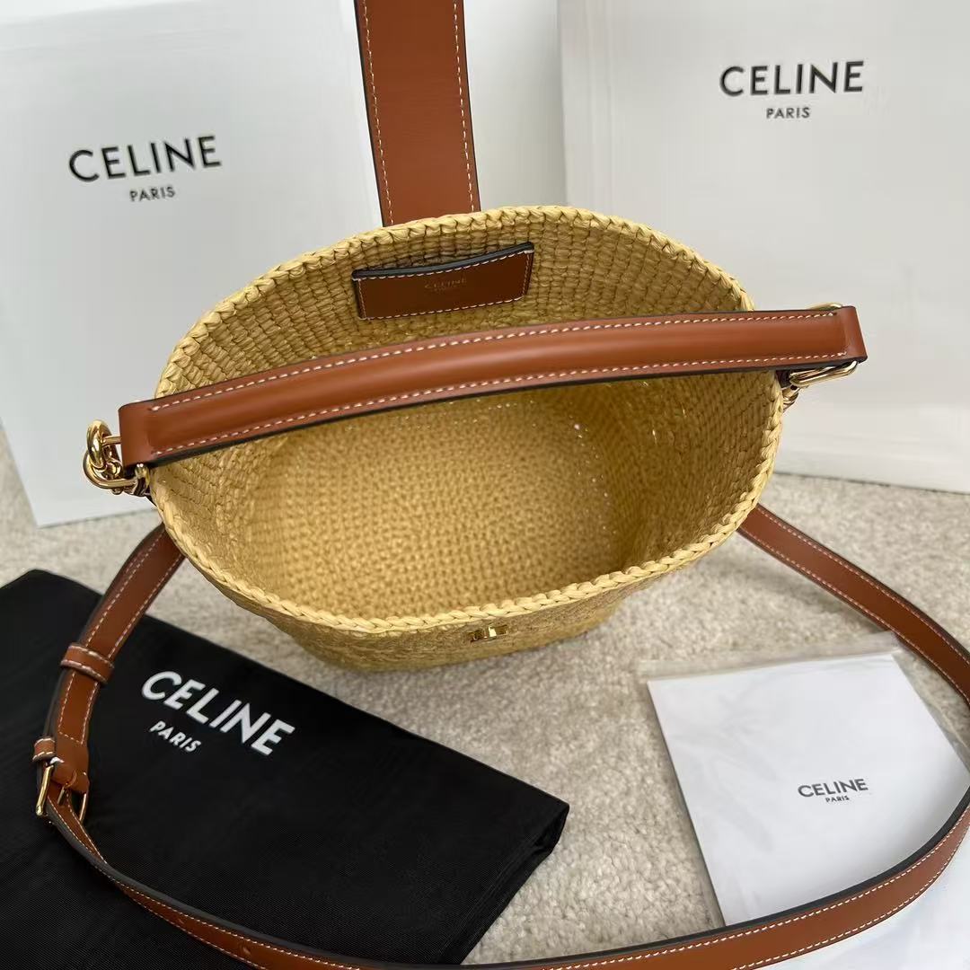 Celine Small Louise Bucket Bag 19cm Natural / Tan Raffia Calfskin