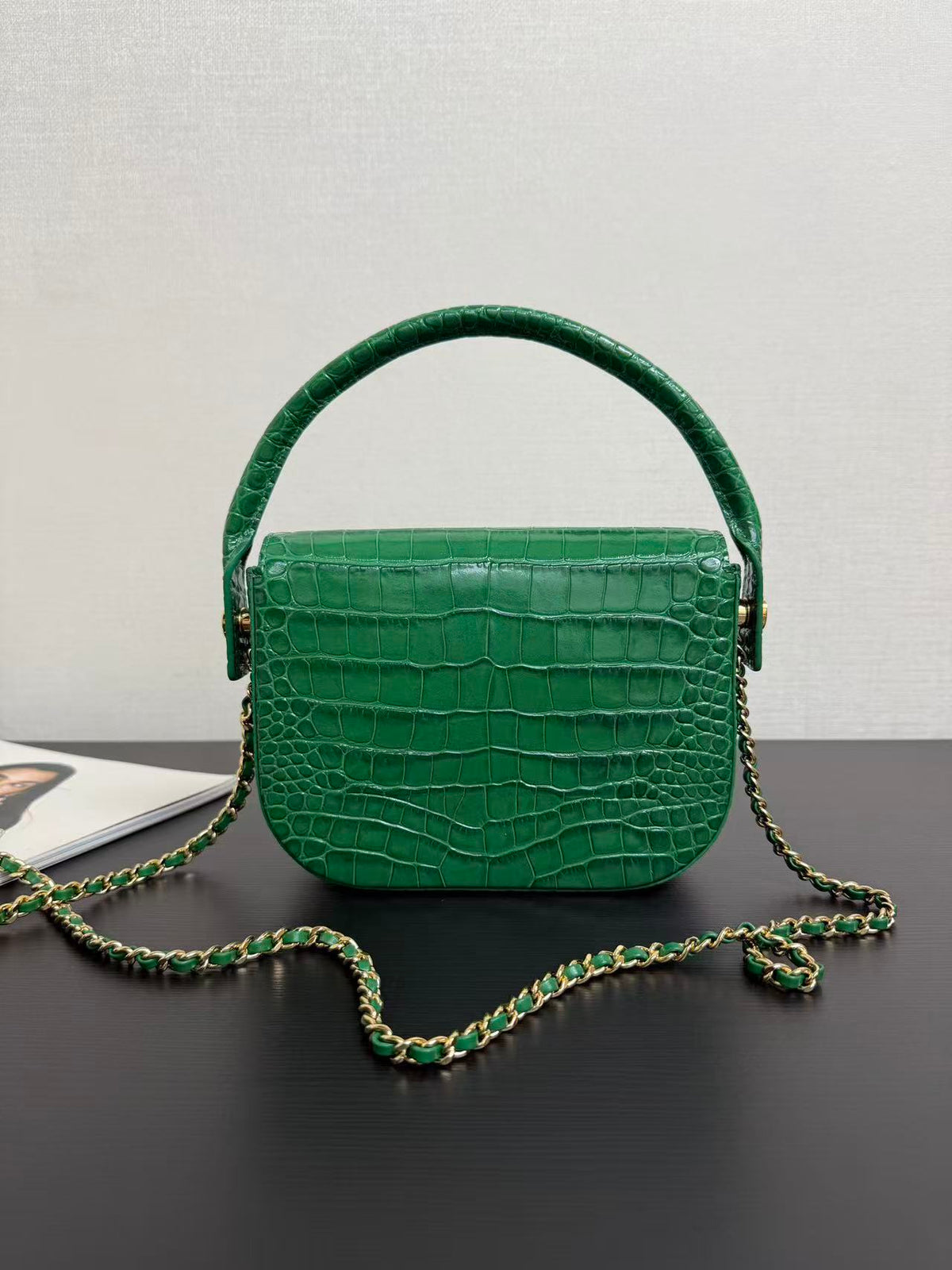 CC 26s Top Handle Flap Bag Green Crocodile-Embossed Leather