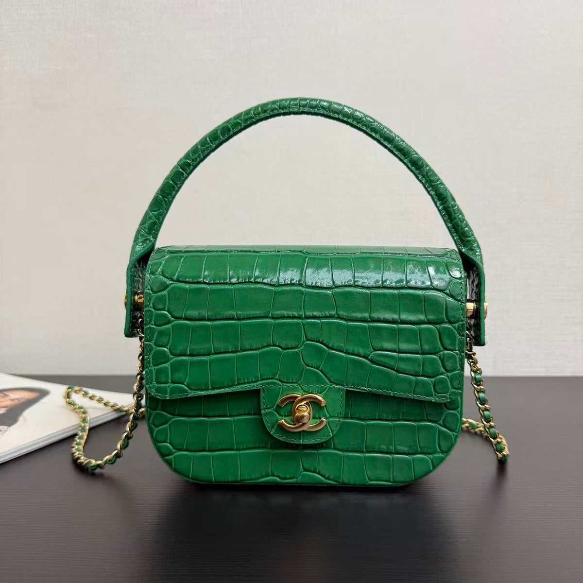 CC 26s Top Handle Flap Bag Green Crocodile-Embossed Leather