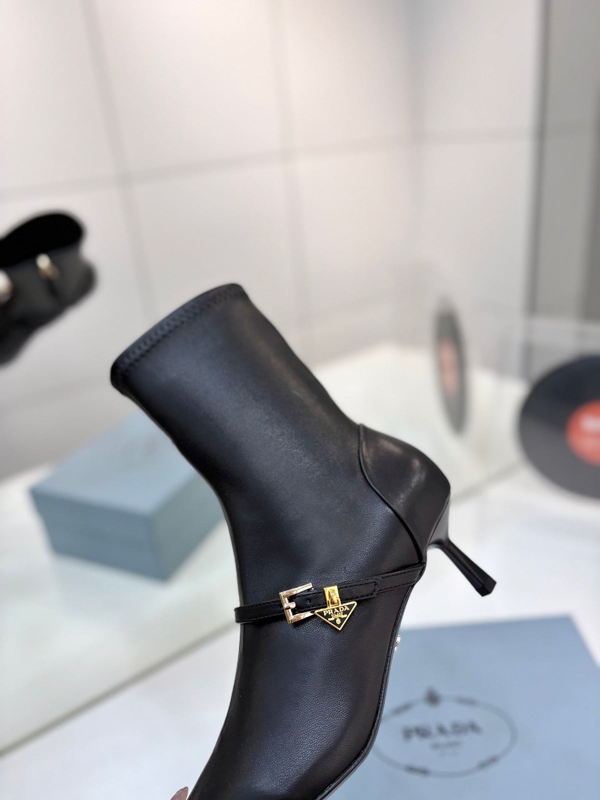 Prada 26s Ankle Boots 5.5cm Black Stretch Nappa Enameled Triangle Logo Leather