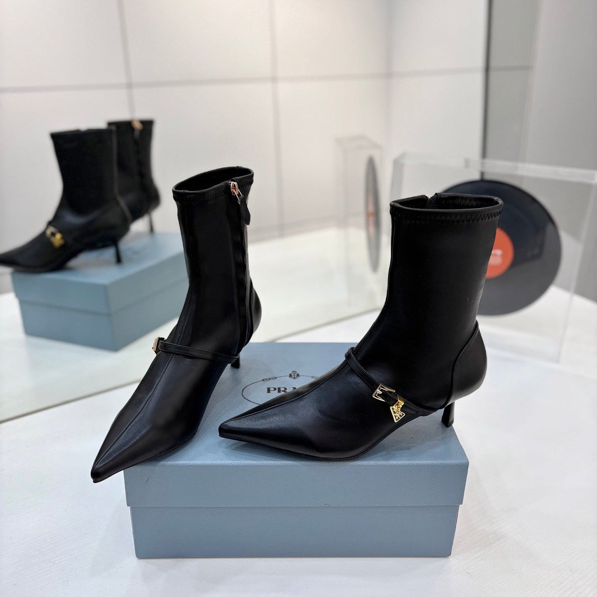 Prada 26s Ankle Boots 5.5cm Black Stretch Nappa Enameled Triangle Logo Leather