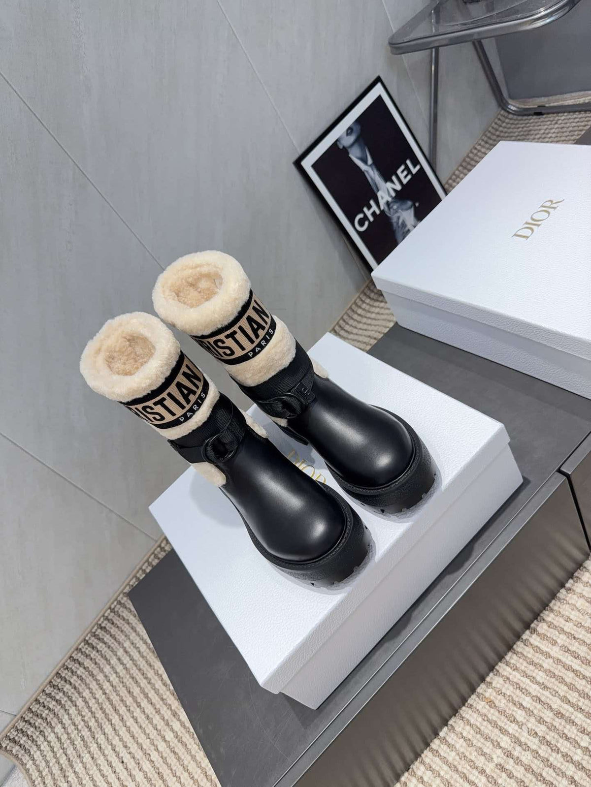 CD 26s D-Major Boots 4cm Black Calfskin White Wool